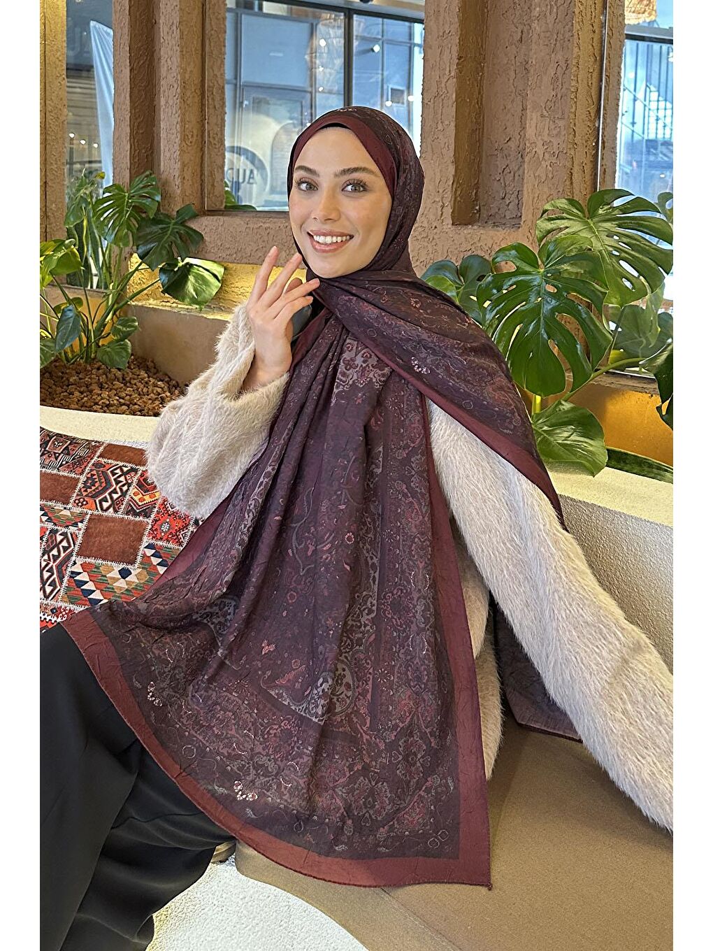 Retro Desen Bambu Şal Koyu Bordo