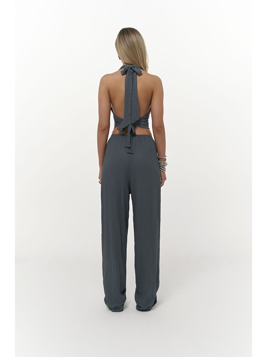Gri Ayshe Bağlamalı Füme Crop Pantolon Takım-3
