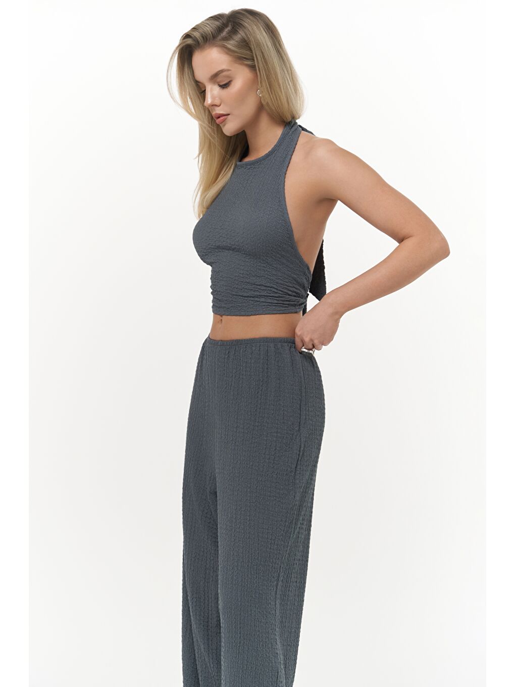 Gri Ayshe Bağlamalı Füme Crop Pantolon Takım-4