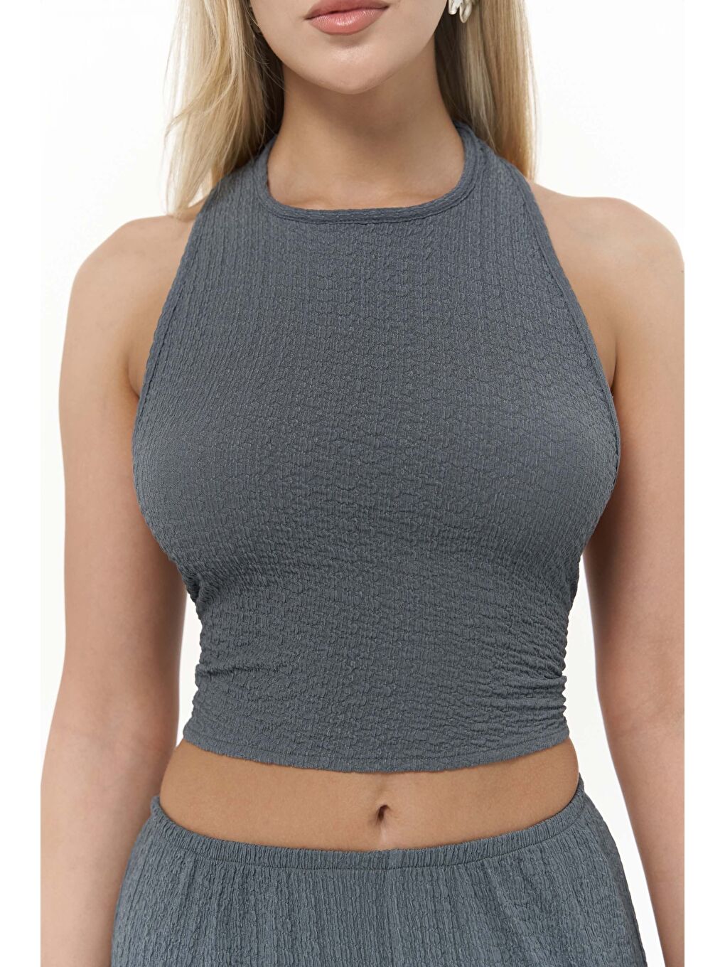 Gri Ayshe Bağlamalı Füme Crop Pantolon Takım-5