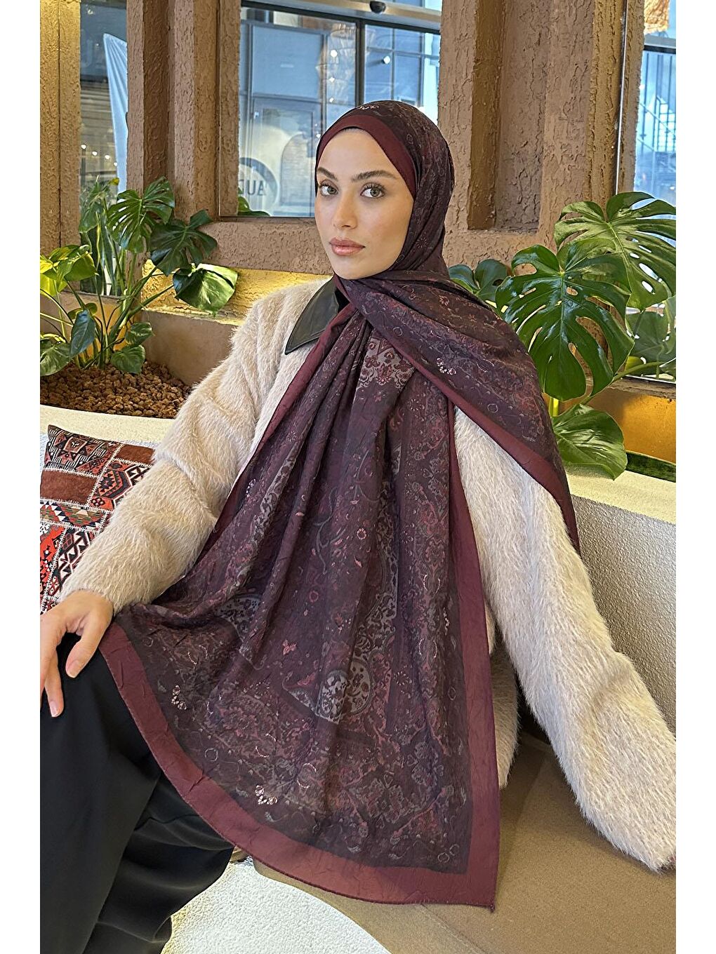 Retro Desen Bambu Şal Koyu Bordo-1