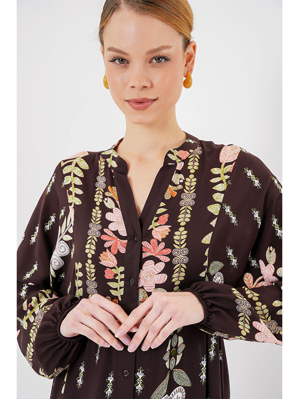 2423 Otantik Desenli Tesettür Elbise - I. Kahverengi-2