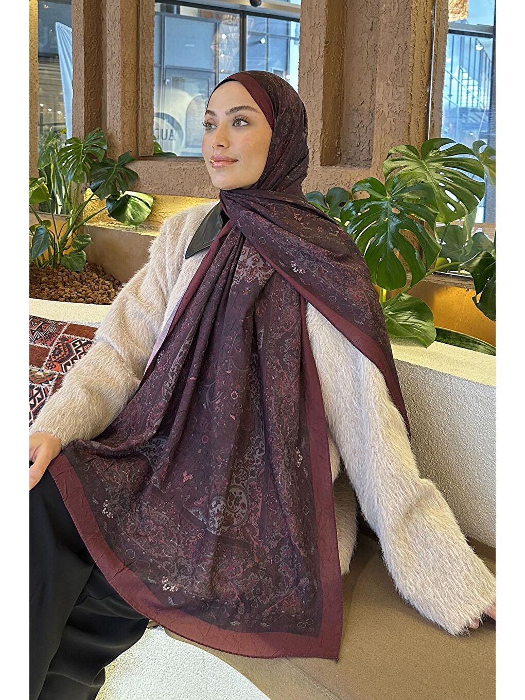 Retro Desen Bambu Şal Koyu Bordo-2