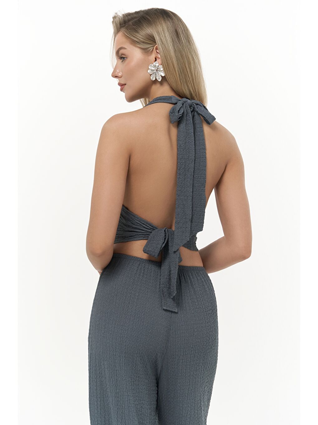 Gri Ayshe Bağlamalı Füme Crop Pantolon Takım-6