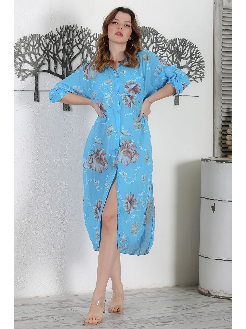 İtalyan Turkuaz Gömlek Yaka Düğmeli Uzun Kollu Çift Cepli Allover Baskılı Dokuma Elbise 130 65-2