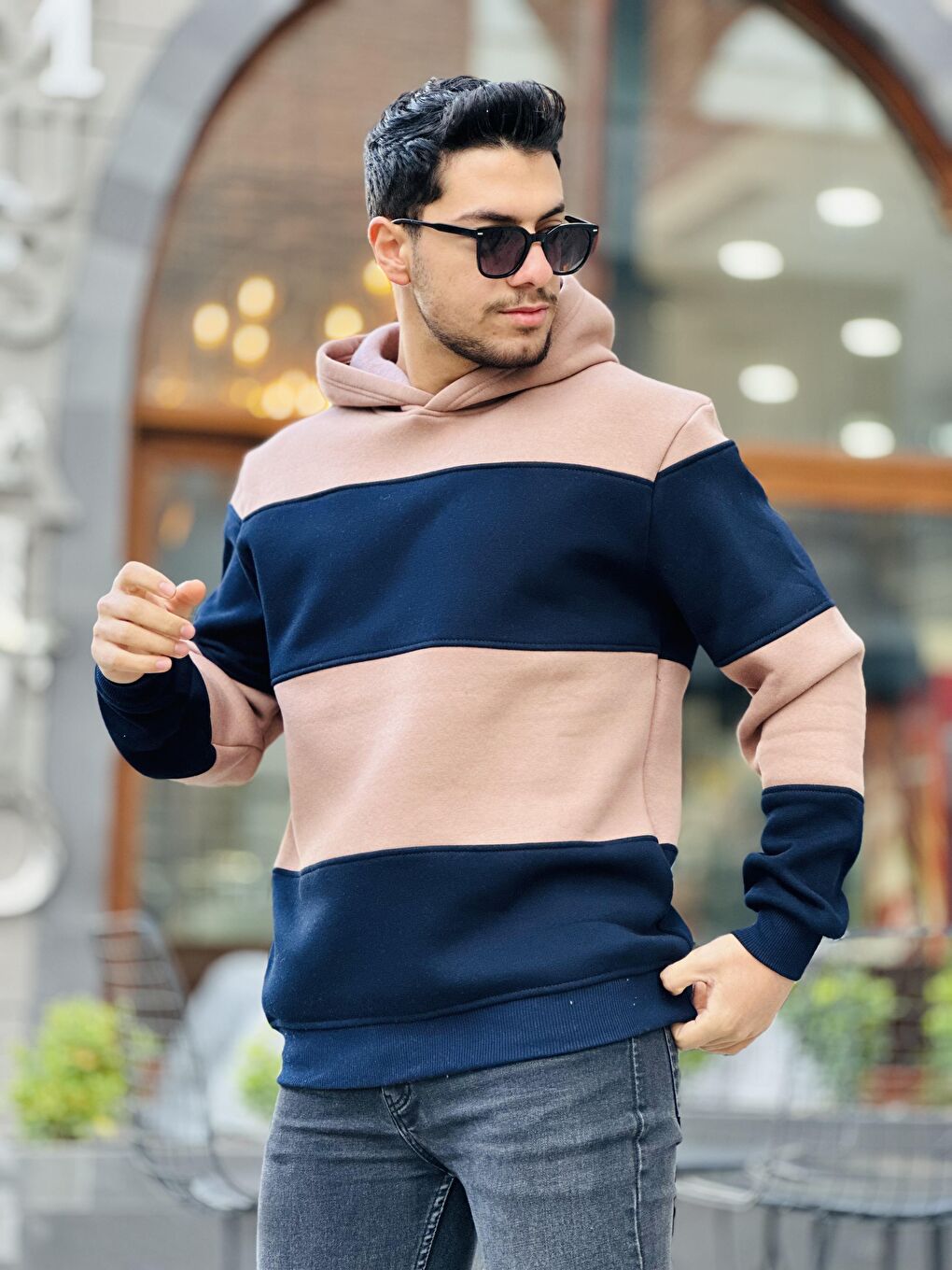 Miron Camel Kamel Lacivert Blok Parçalı Overisize Kapşonlu Üç iplik Sweatshirt - 3