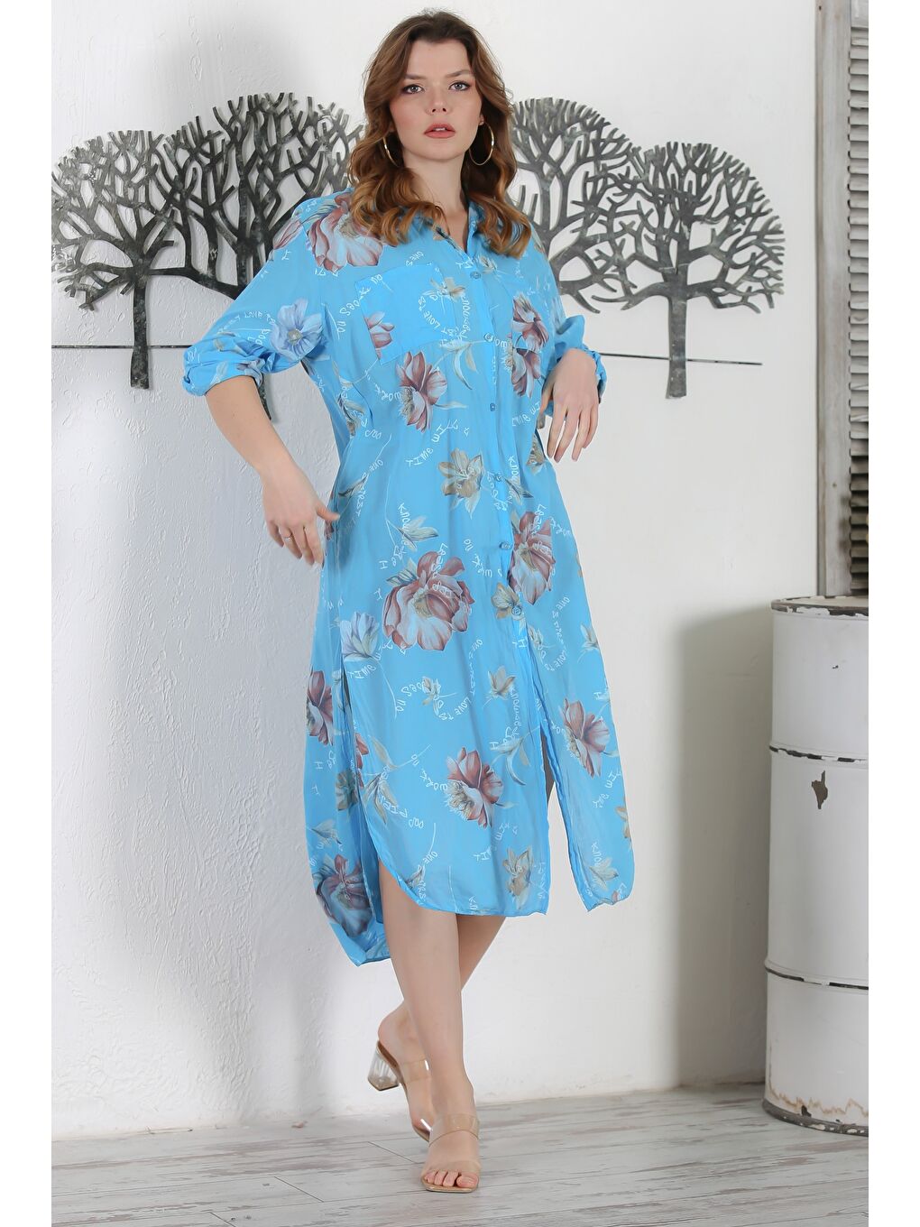İtalyan Turkuaz Gömlek Yaka Düğmeli Uzun Kollu Çift Cepli Allover Baskılı Dokuma Elbise 130 65-3