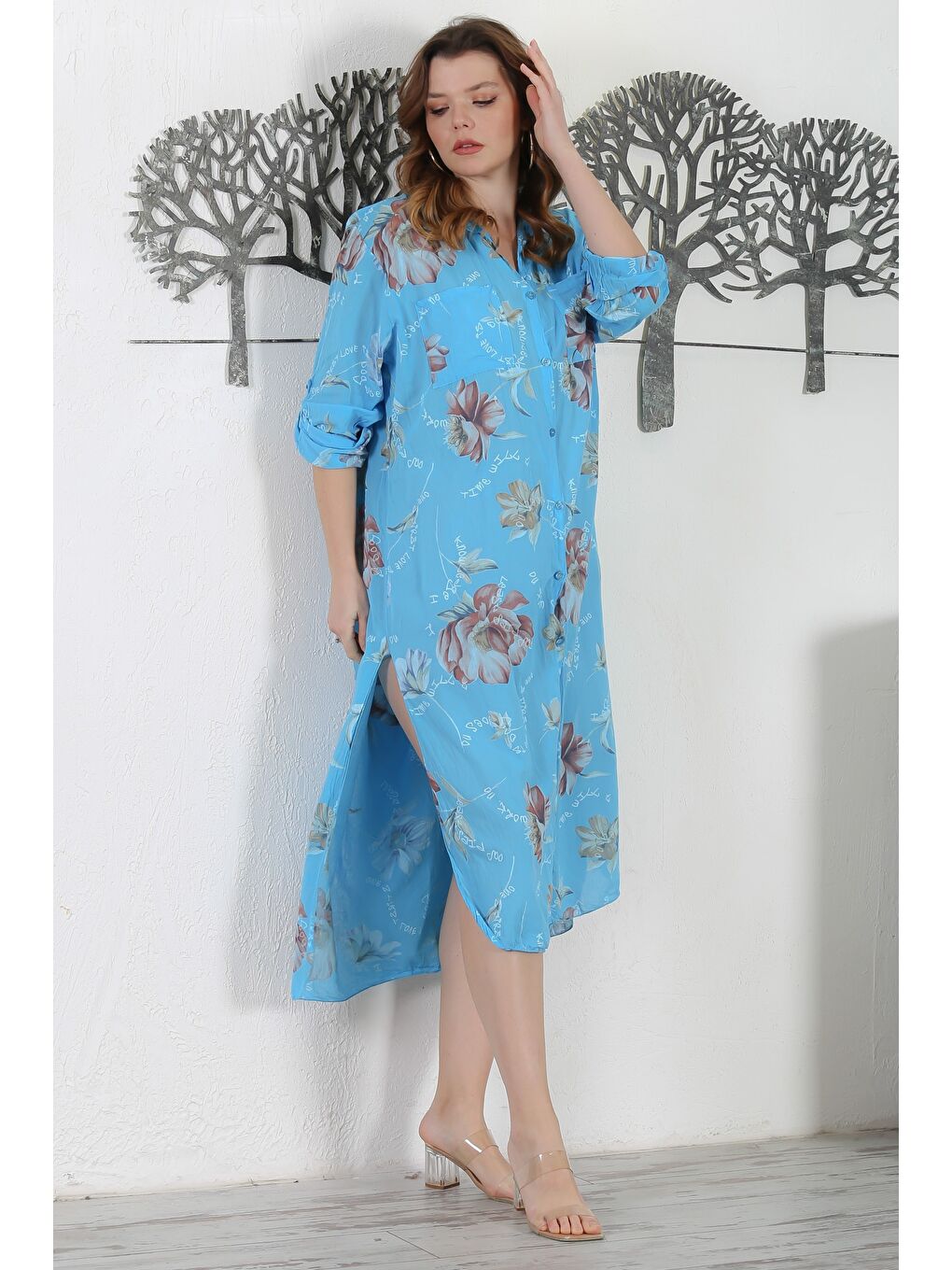 İtalyan Turkuaz Gömlek Yaka Düğmeli Uzun Kollu Çift Cepli Allover Baskılı Dokuma Elbise 130 65-4