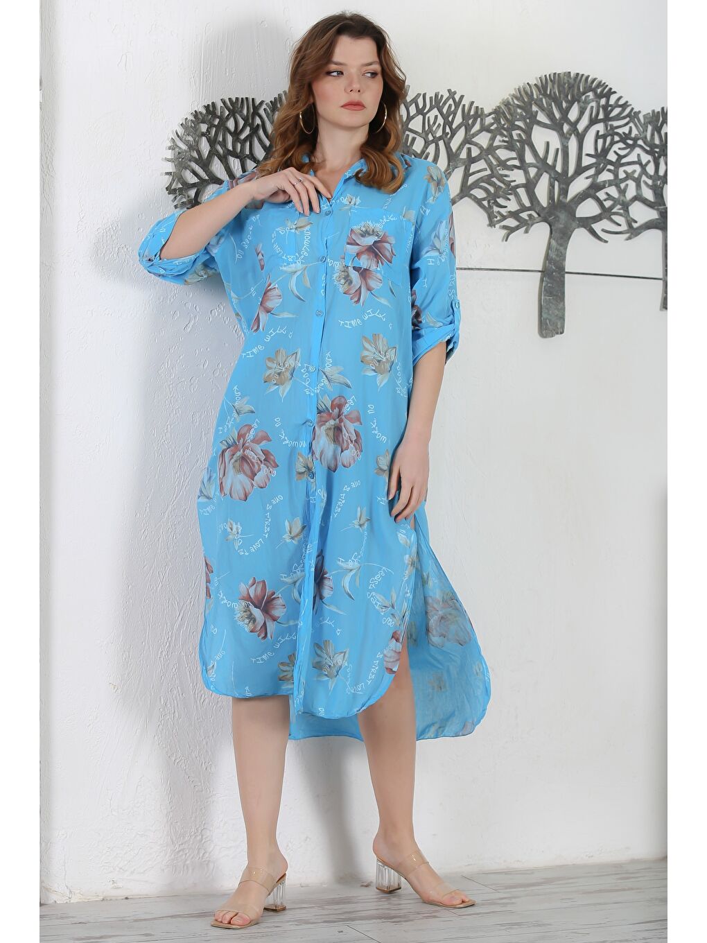 İtalyan Turkuaz Gömlek Yaka Düğmeli Uzun Kollu Çift Cepli Allover Baskılı Dokuma Elbise 130 65-5