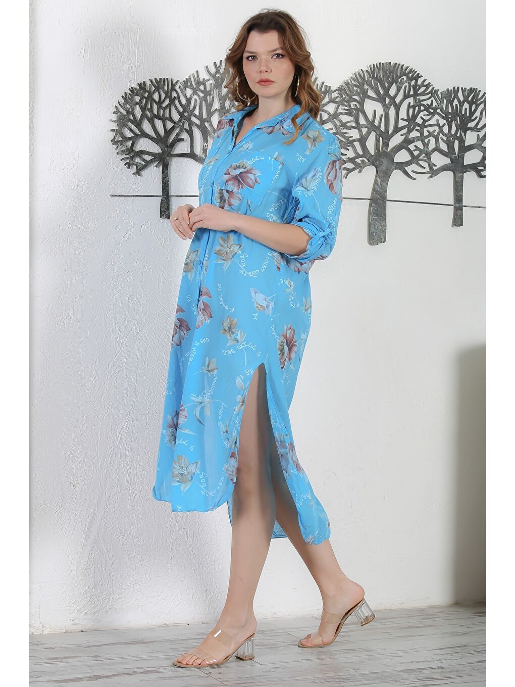 İtalyan Turkuaz Gömlek Yaka Düğmeli Uzun Kollu Çift Cepli Allover Baskılı Dokuma Elbise 130 65-6