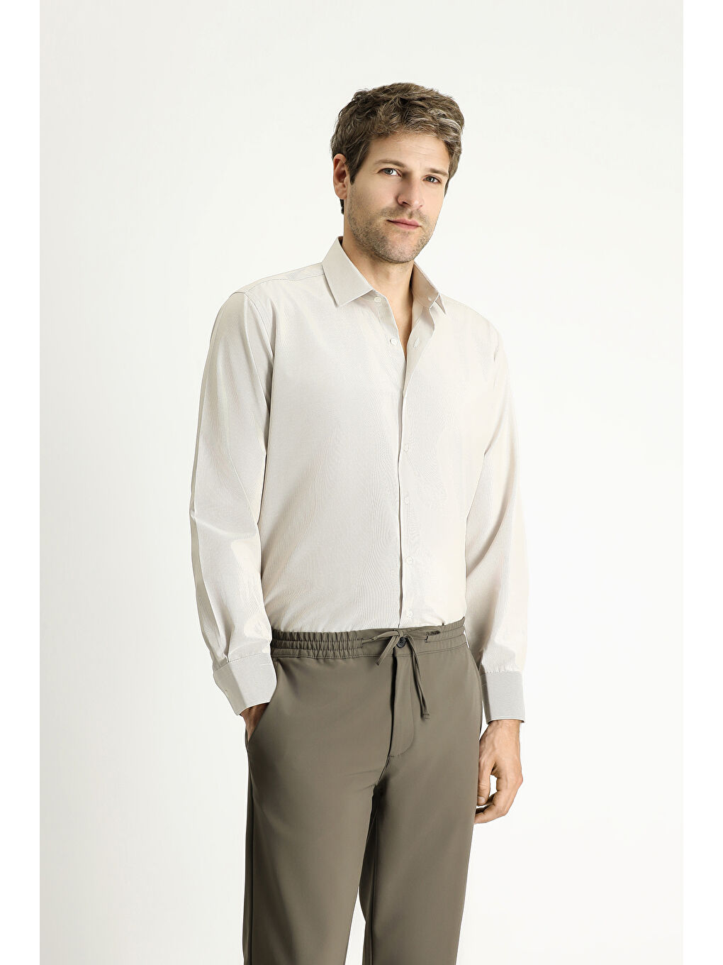 Kahverengi Uzun Kol Klasik Çizgili Pamuklu Kolay Ütülenebilir Büyük Beden Gömlek