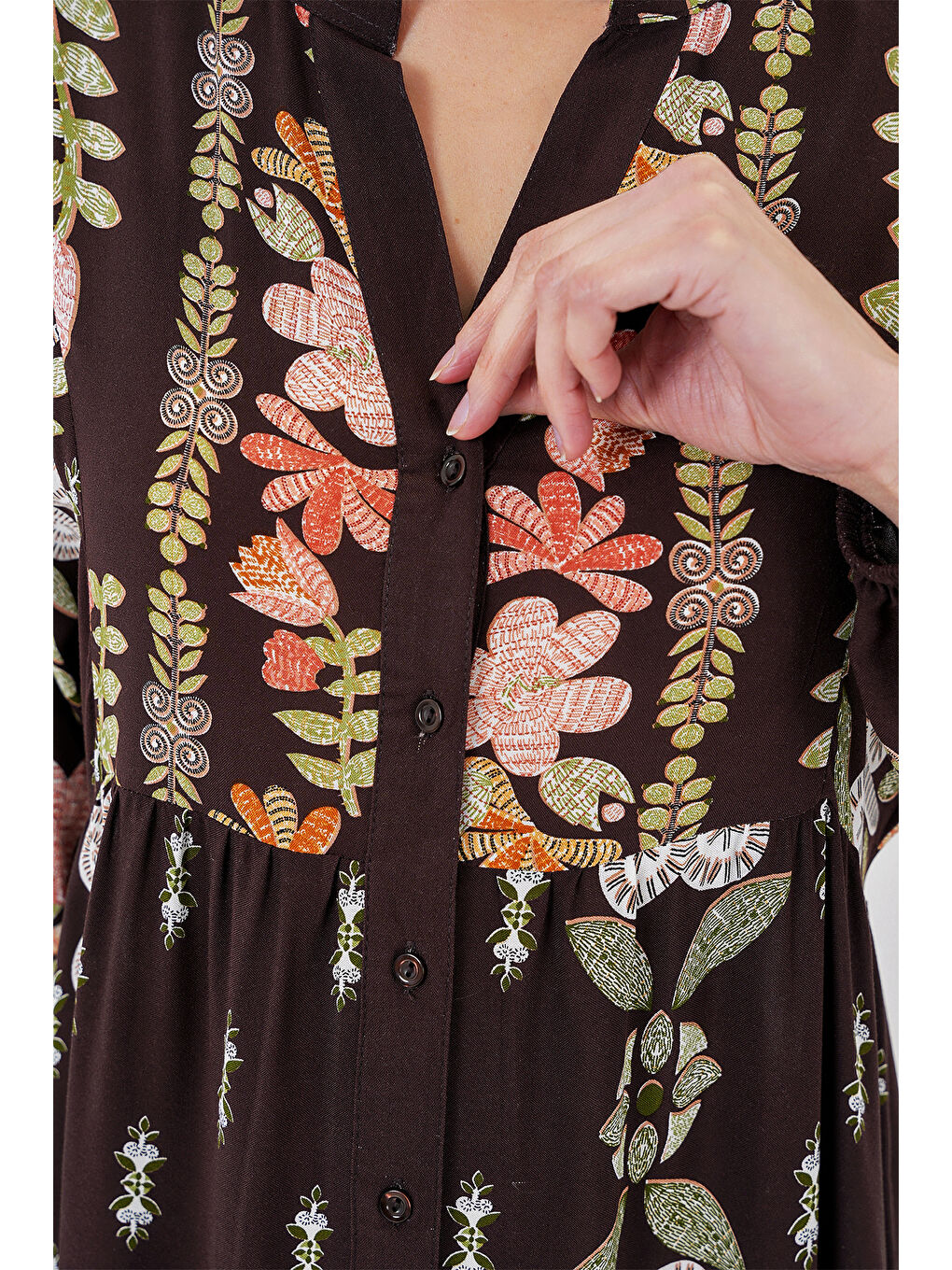 2423 Otantik Desenli Tesettür Elbise - I. Kahverengi-4