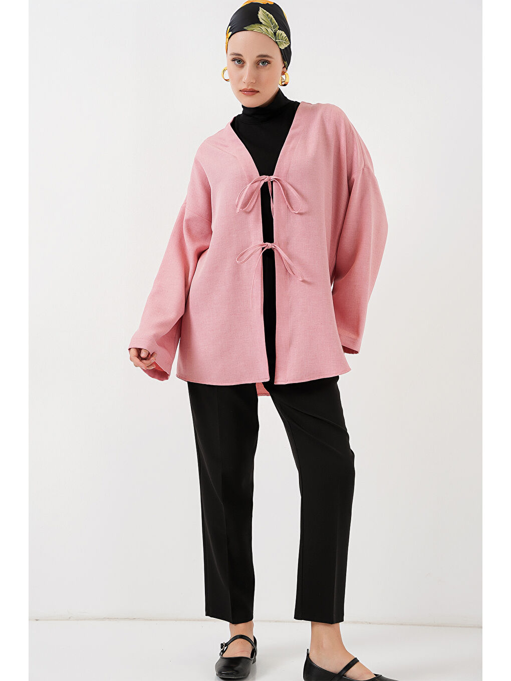 Pembe Keten Tesettür Kimono 5968 - Pudra-1