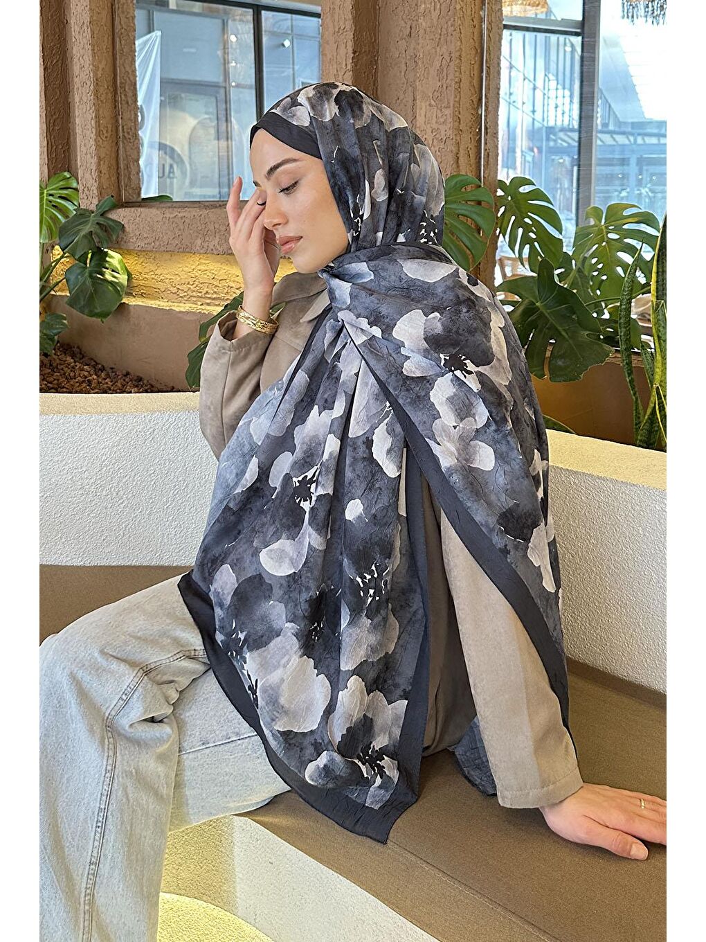 Batik Çiçek Desen Bambu Şal Antrasit-3