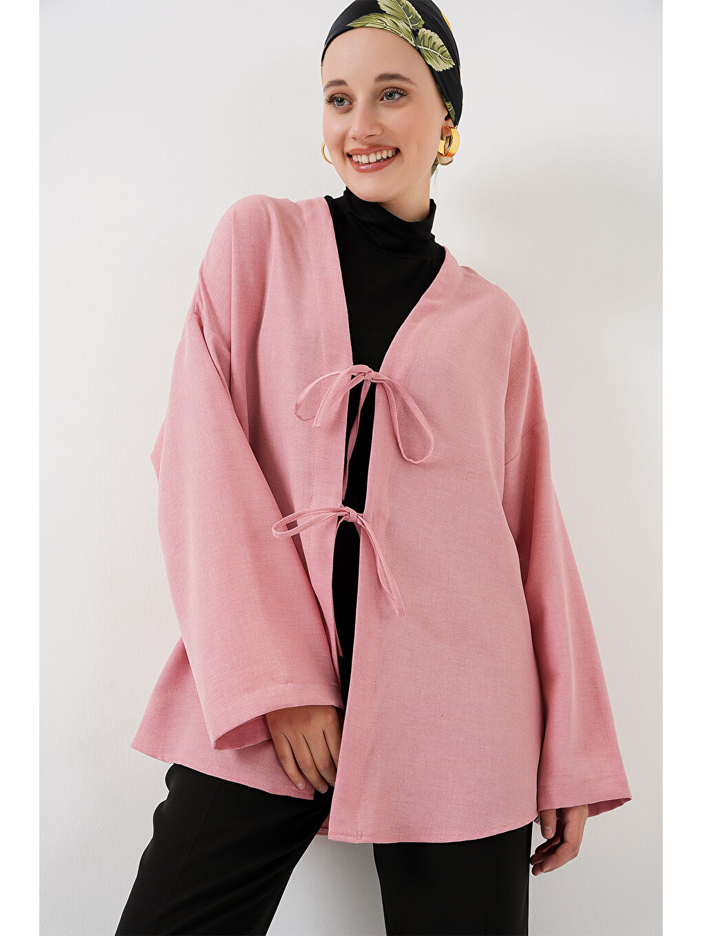 Pembe Keten Tesettür Kimono 5968 - Pudra-2