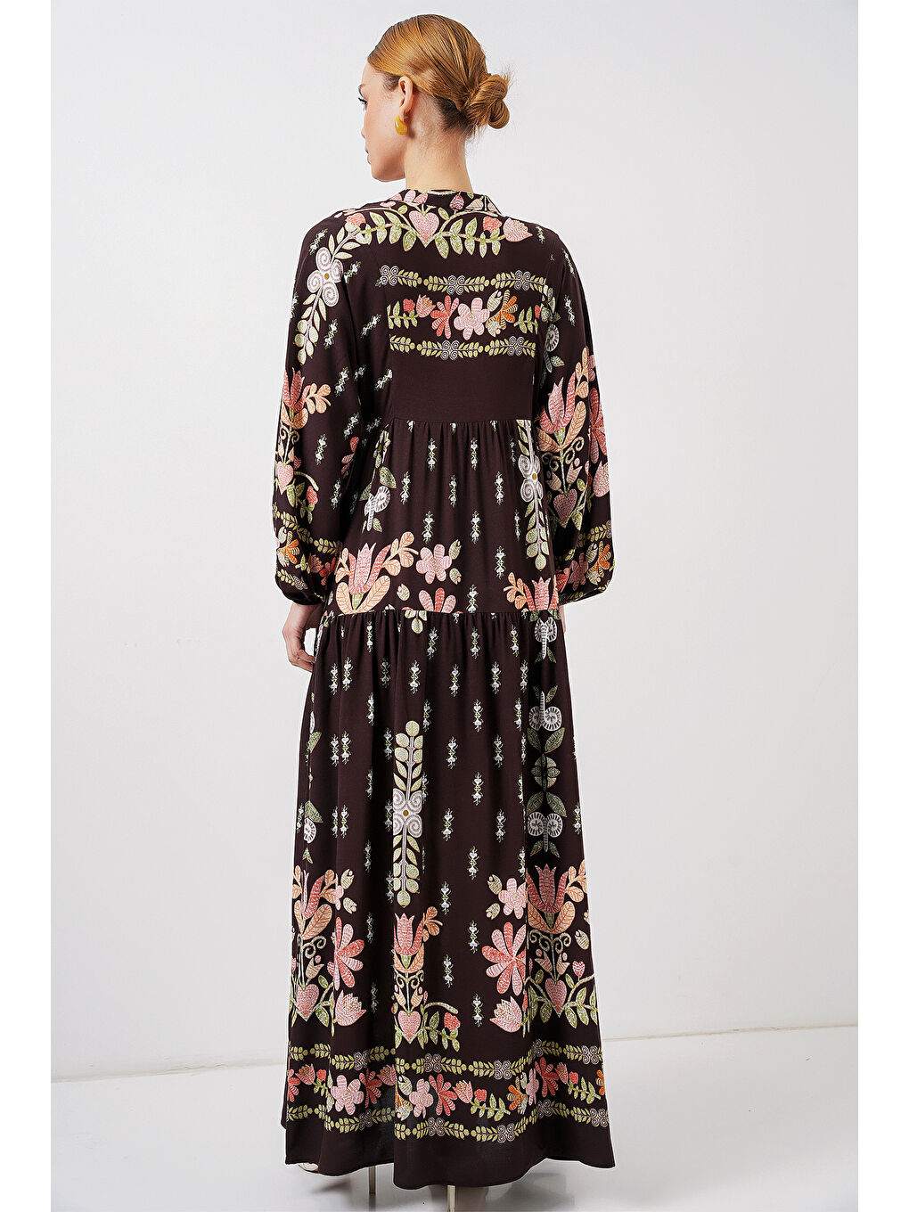 2423 Otantik Desenli Tesettür Elbise - I. Kahverengi-5