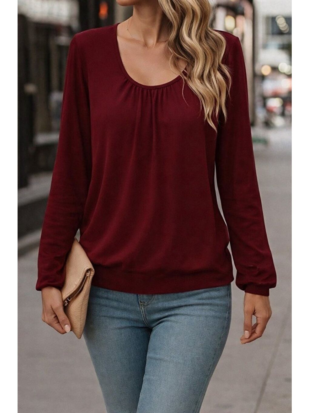Bordo Kadın Uzun Kollu Yuvarlak Yakalı Viskon Bluz