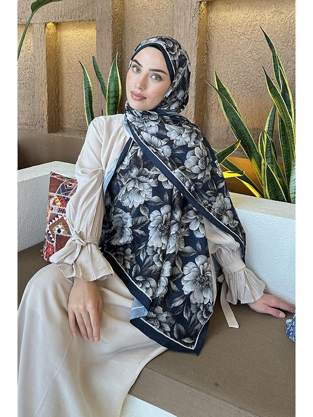 Lotus Desen Bambu Şal Lacivert