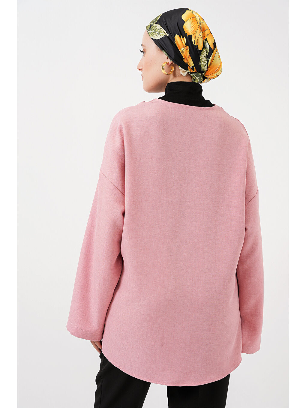 Pembe Keten Tesettür Kimono 5968 - Pudra-4