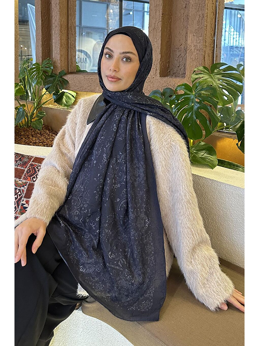 Retro Desen Bambu Şal Lacivert-1