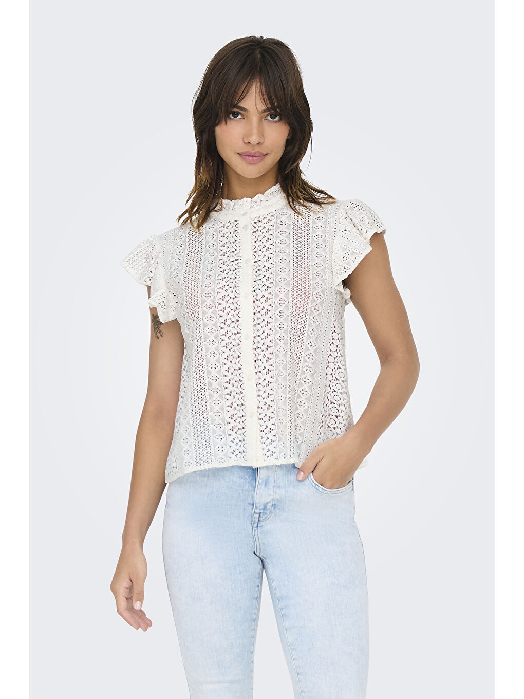 Ekru Onlgabina Ajurlu % 100 Pamuk Regular Fit Dik Yaka Bluz 15335251-2