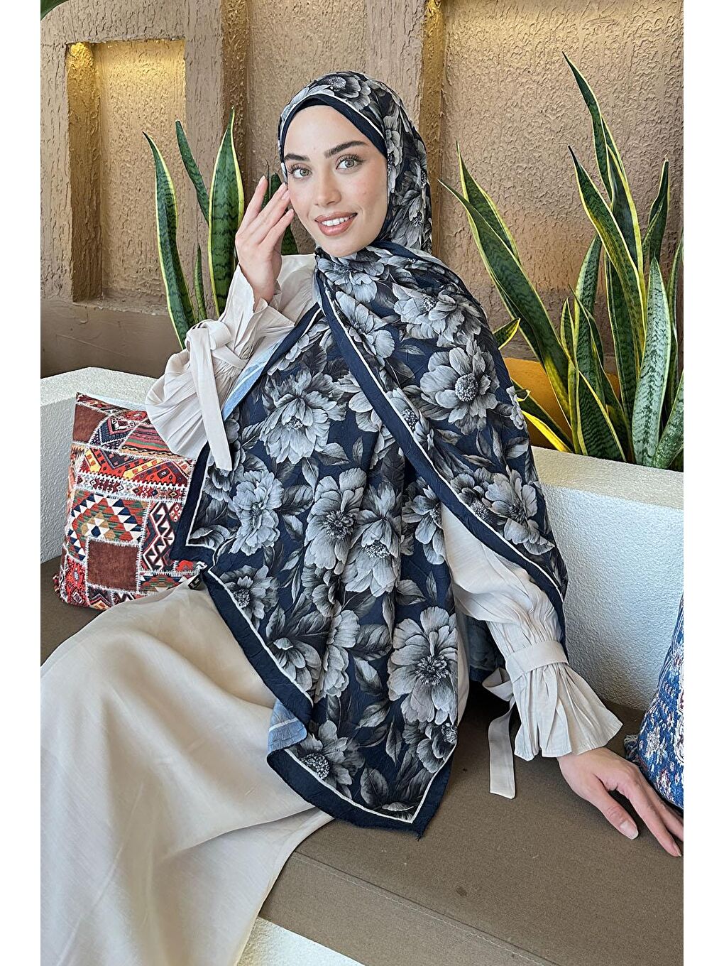 Lotus Desen Bambu Şal Lacivert-1