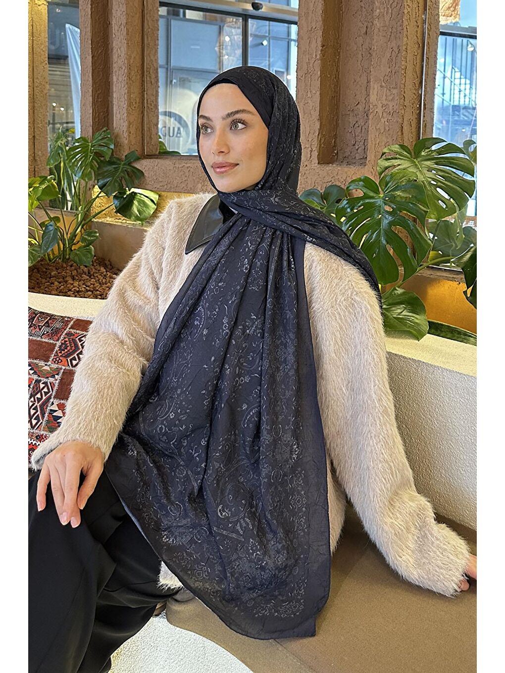 Retro Desen Bambu Şal Lacivert-2