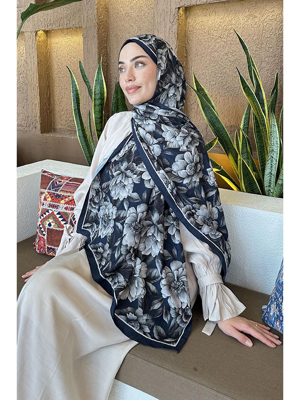 Lotus Desen Bambu Şal Lacivert-2