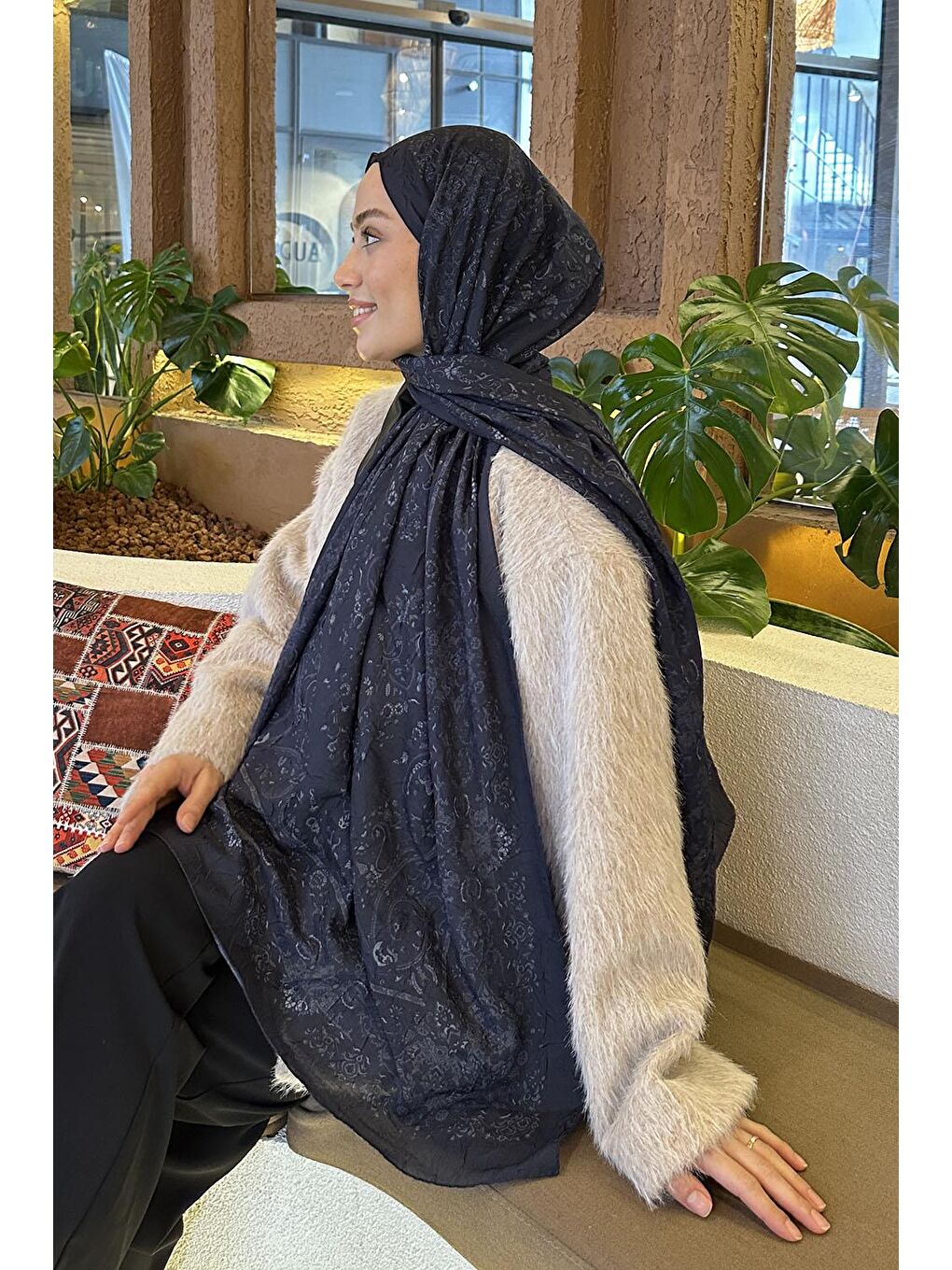 Retro Desen Bambu Şal Lacivert-3