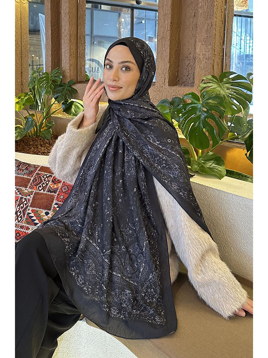 Retro Desen Bambu Şal Antrasit-1