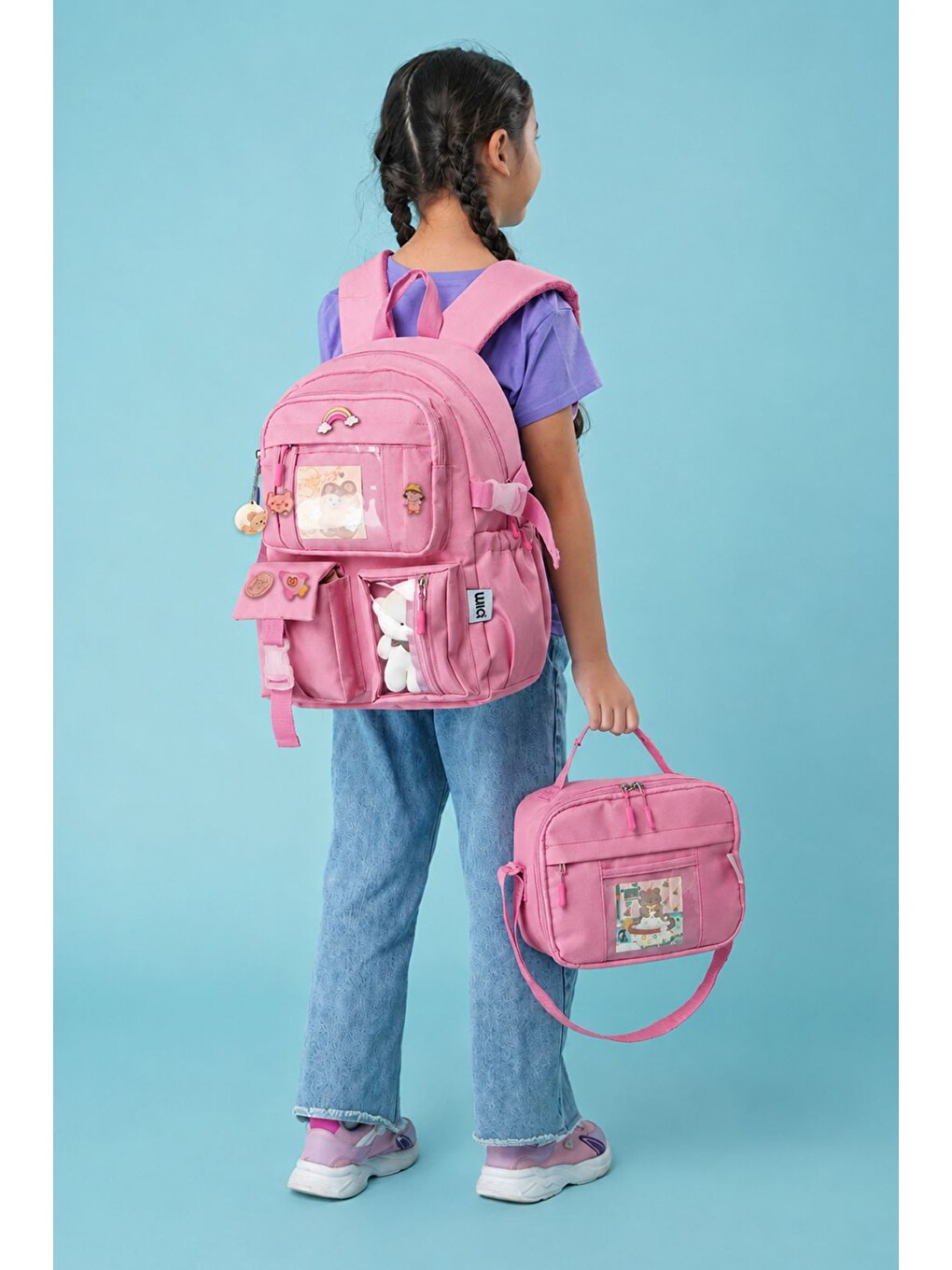 Pembe Kawaii Kore Tarzı Ayıcıklı İlkokul Ve Beslenme Çantası-2