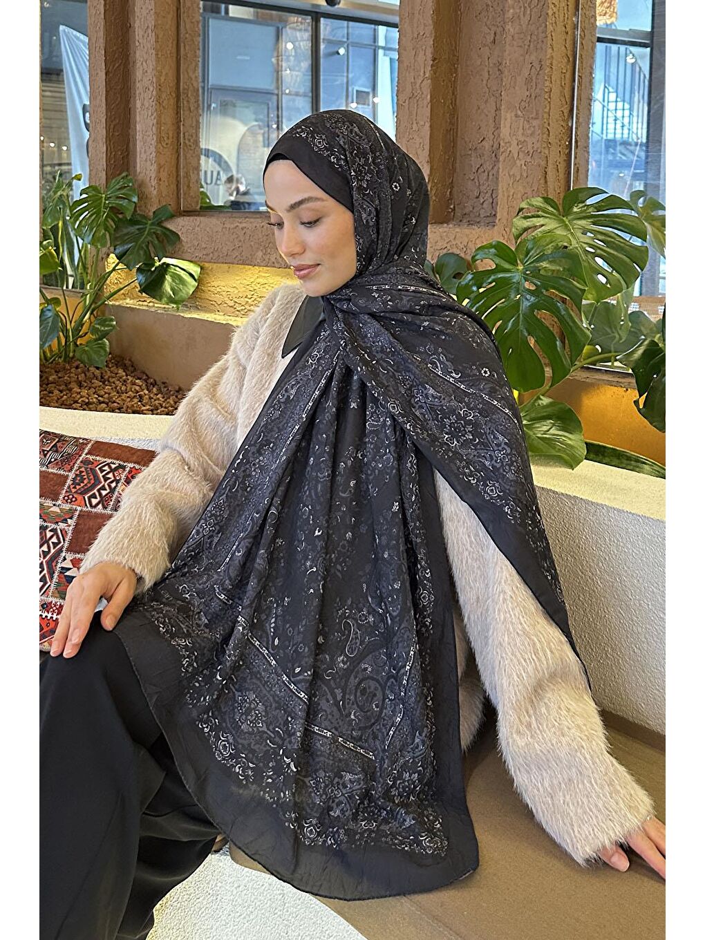 Retro Desen Bambu Şal Antrasit-2