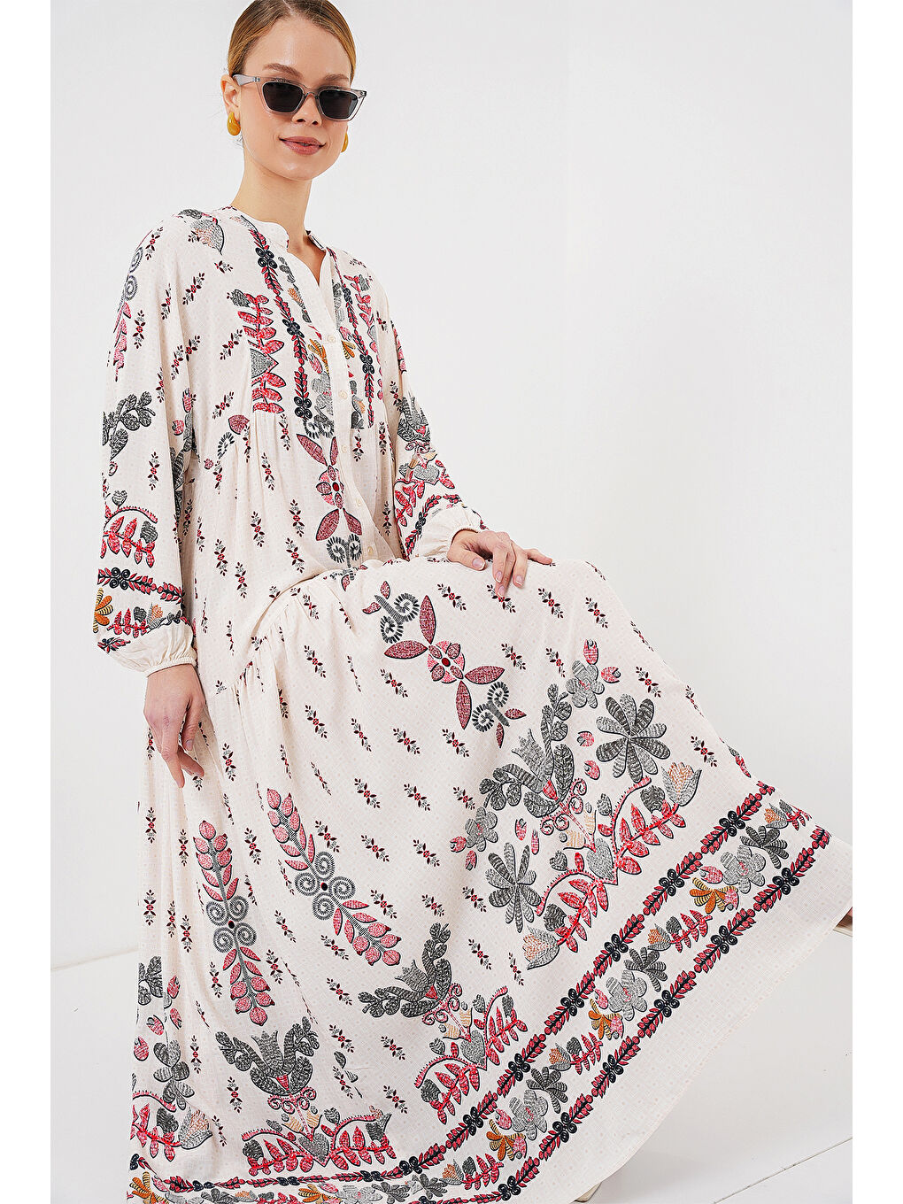 2423 Otantik Desenli Tesettür Elbise - Z. Kırmızı-1