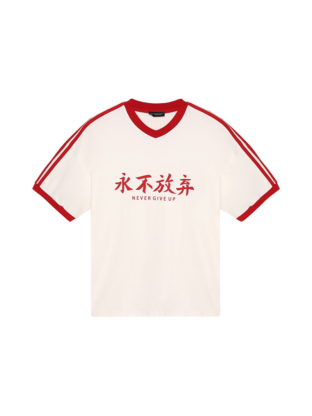 V Yaka Şeritli Baskılı Tişört Ekru