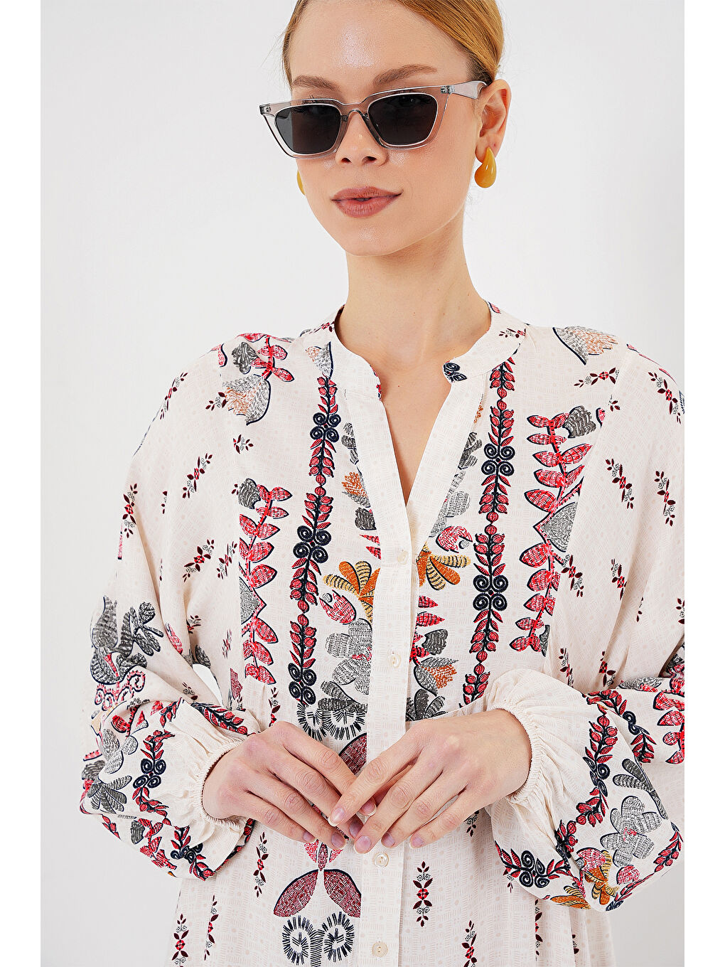 2423 Otantik Desenli Tesettür Elbise - Z. Kırmızı-2