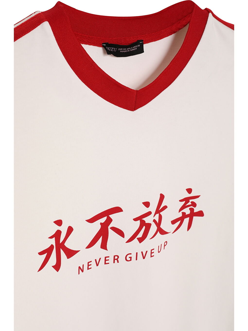 V Yaka Şeritli Baskılı Tişört Ekru-1