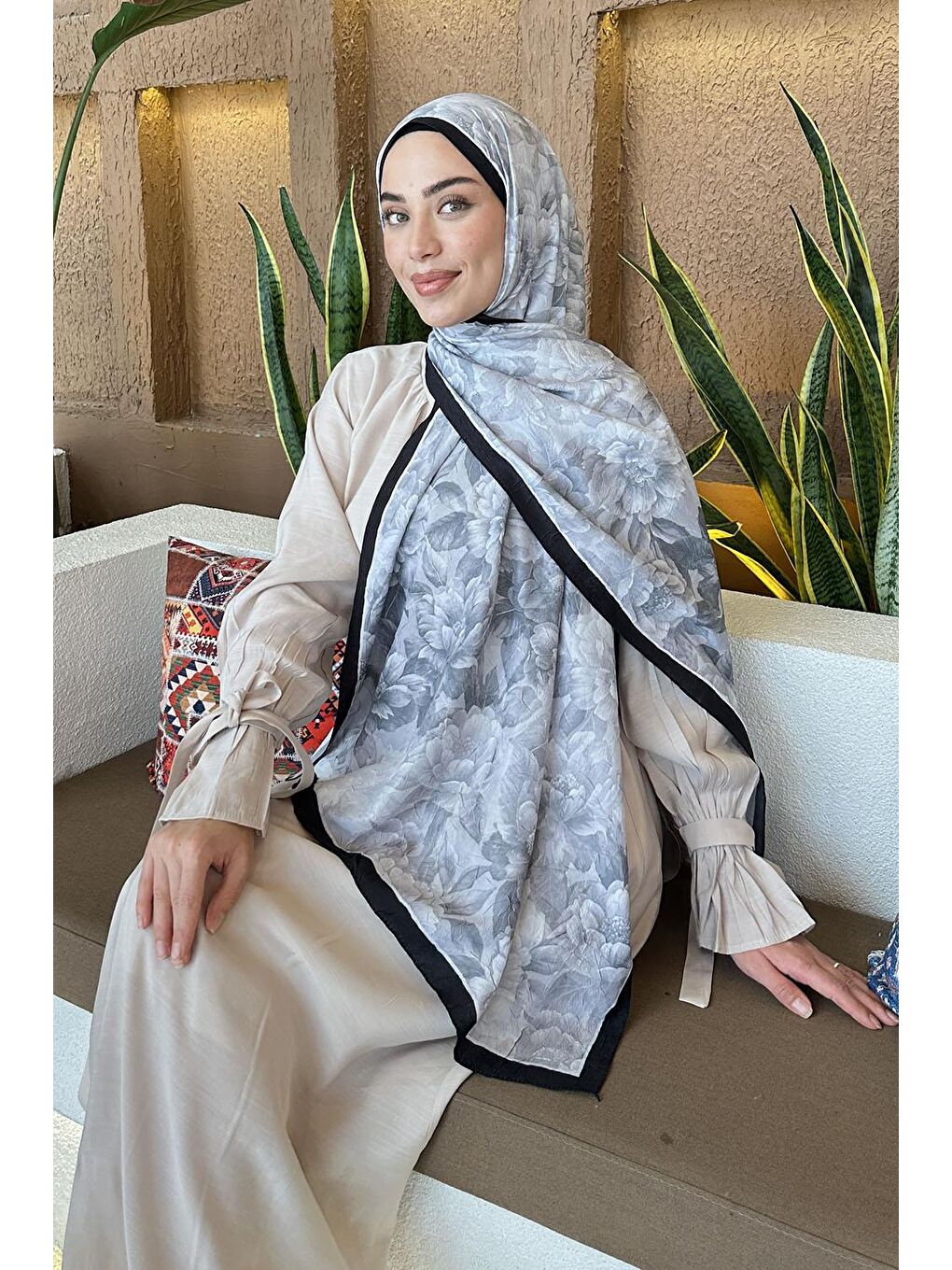 Bej Lotus Desen Bambu Şal Taş-1