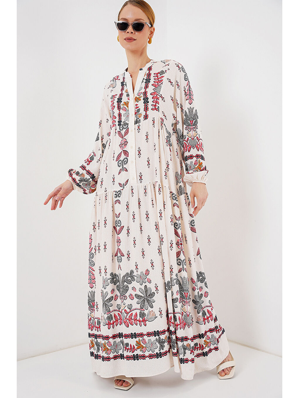 2423 Otantik Desenli Tesettür Elbise - Z. Kırmızı-3