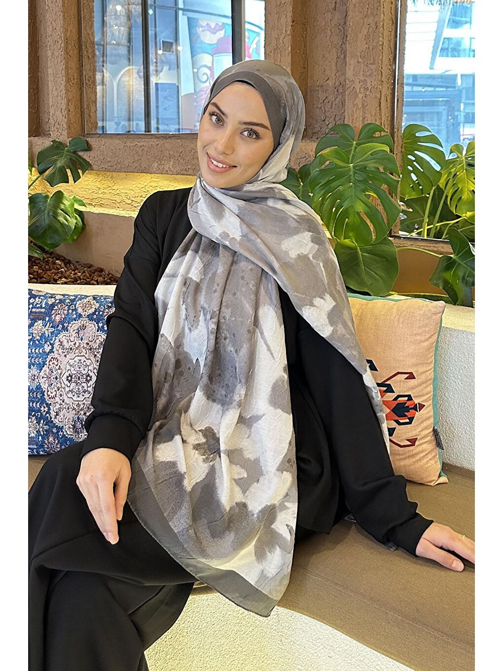 Flora Garden Desen Bambu Şal Ekru