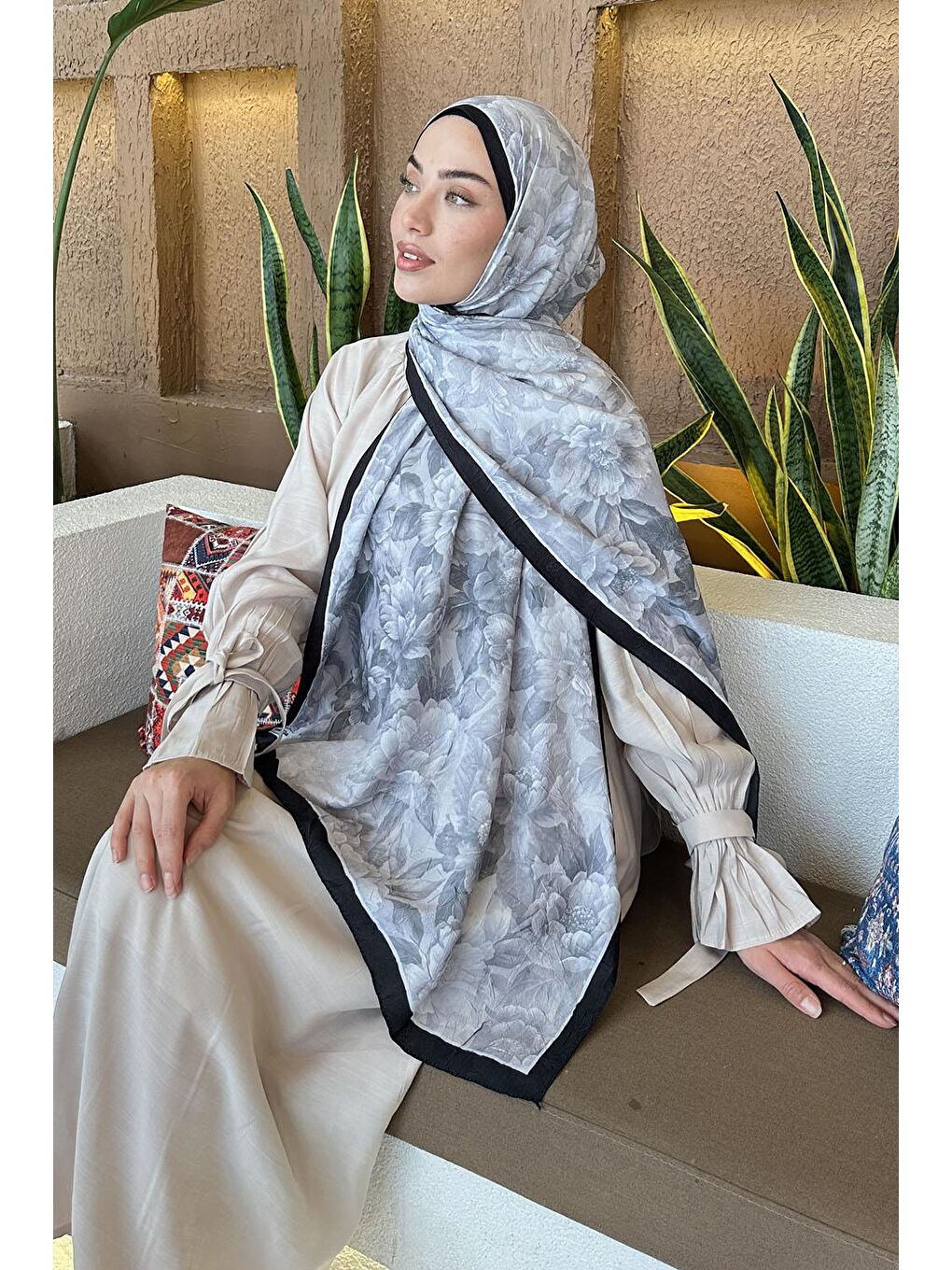 Bej Lotus Desen Bambu Şal Taş-2