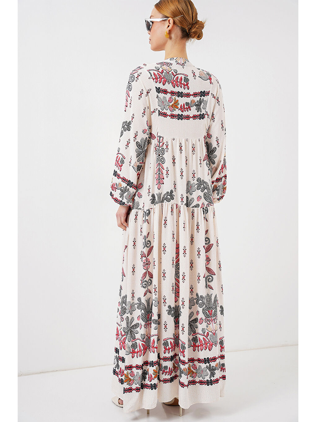 2423 Otantik Desenli Tesettür Elbise - Z. Kırmızı-5