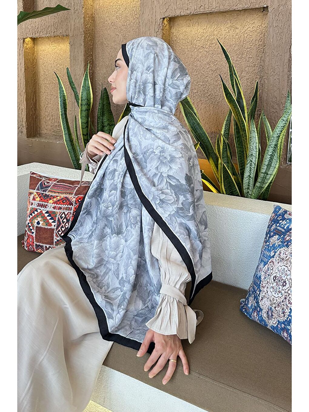 Bej Lotus Desen Bambu Şal Taş-3