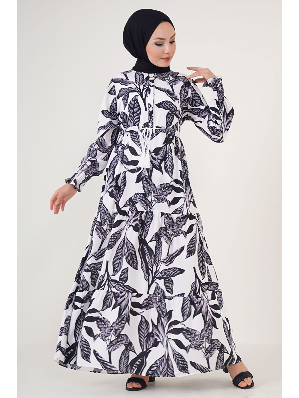 2145 Desenli Tesettür Elbise - Beyaz
