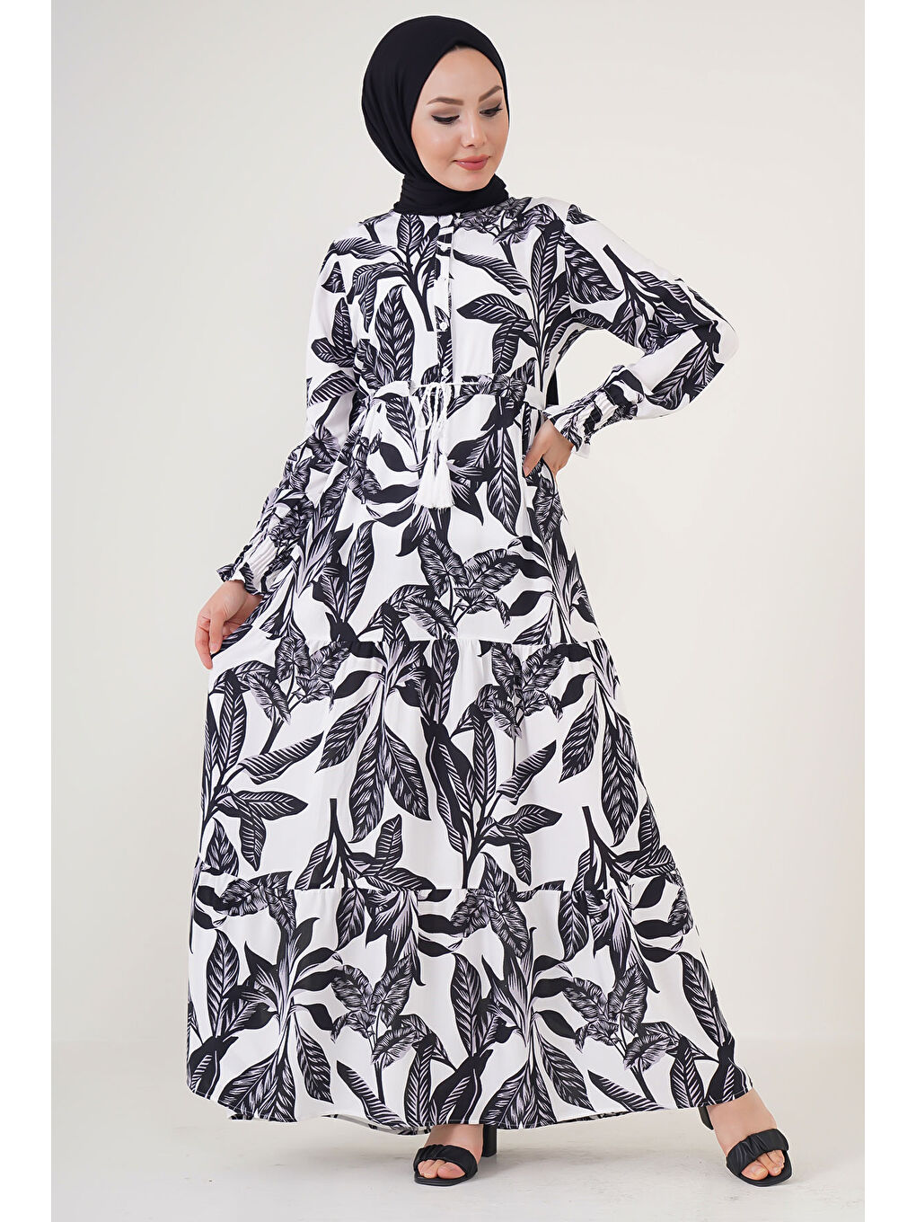 2145 Desenli Tesettür Elbise - Beyaz-1