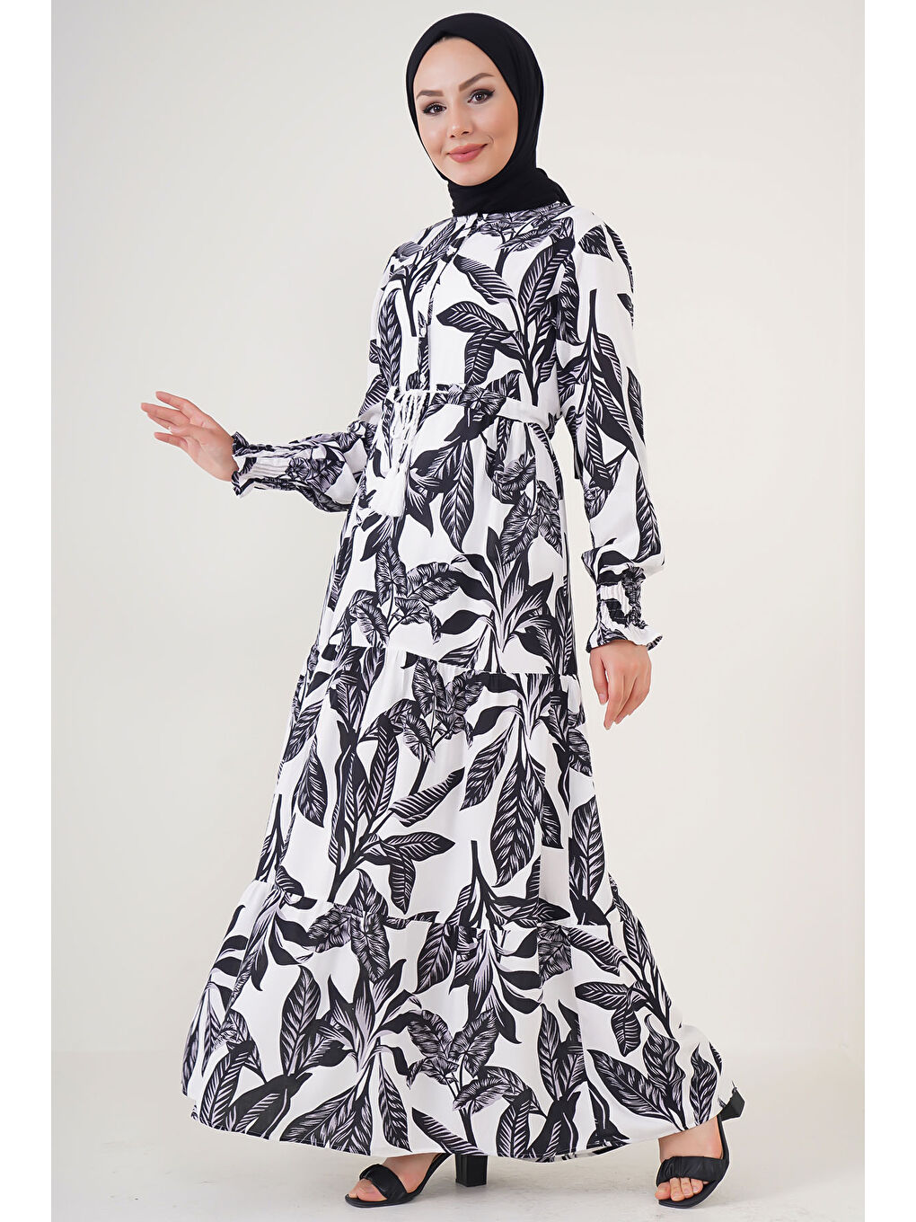 2145 Desenli Tesettür Elbise - Beyaz-2