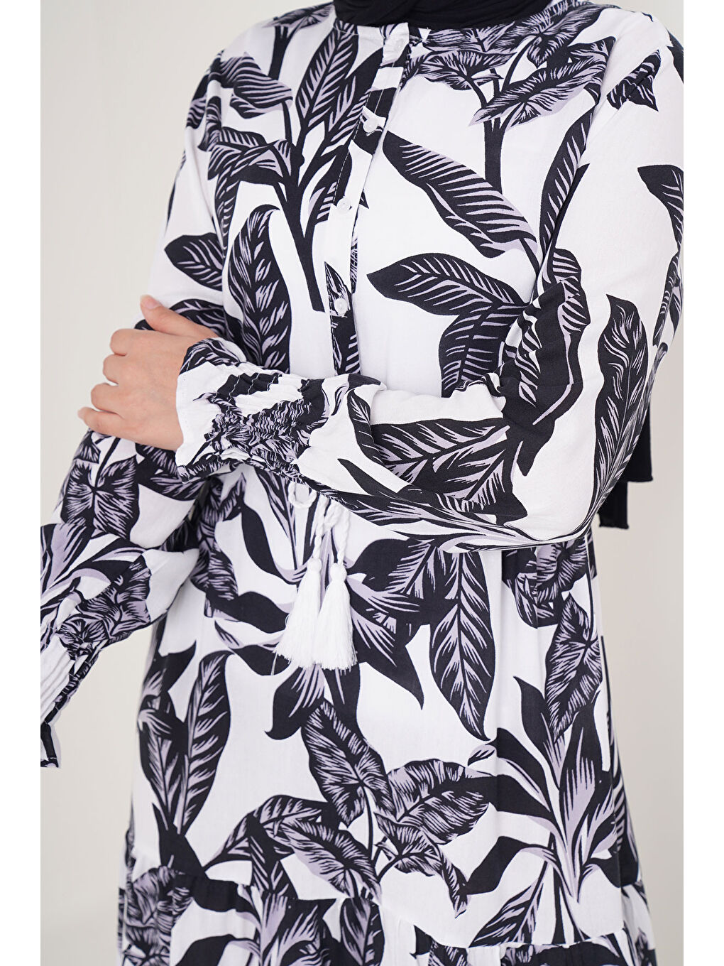 2145 Desenli Tesettür Elbise - Beyaz-4