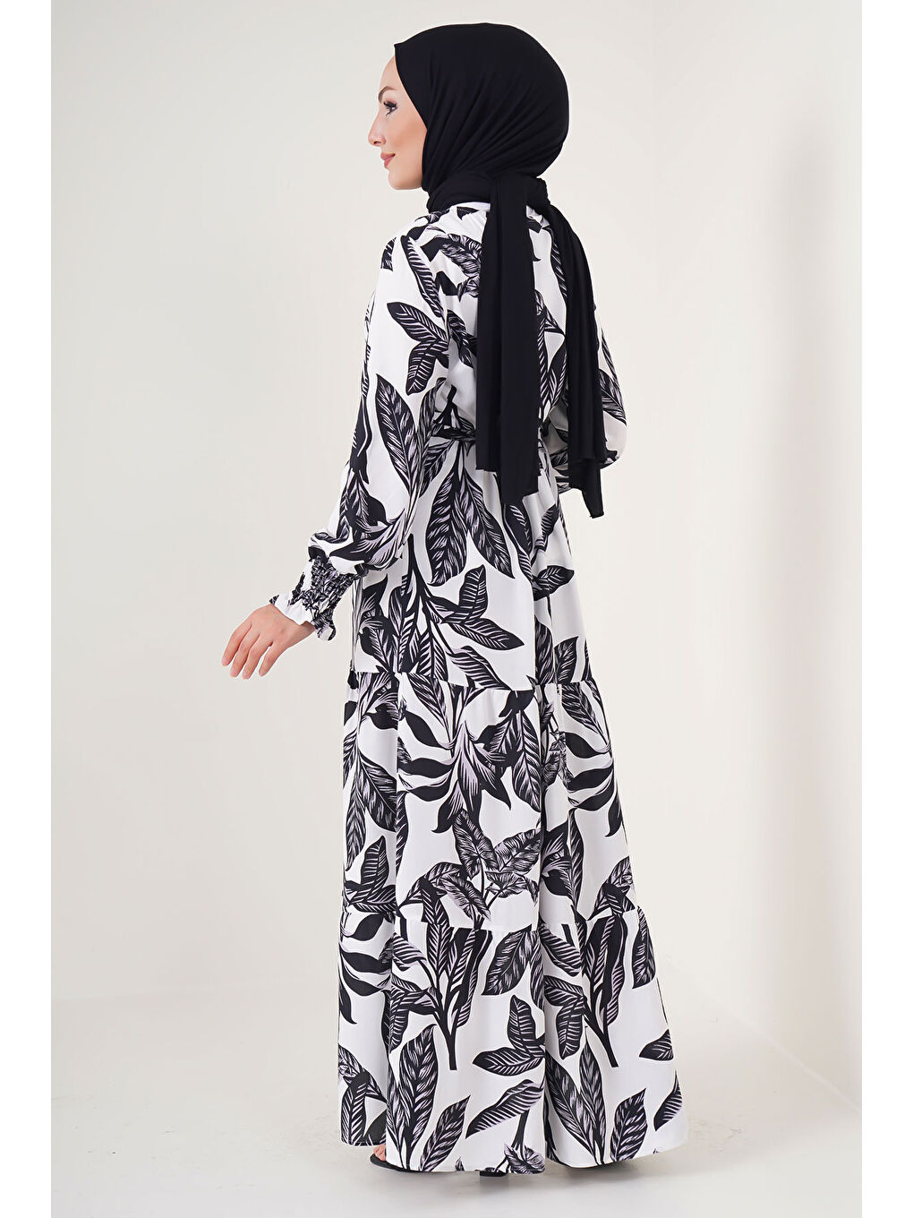 2145 Desenli Tesettür Elbise - Beyaz-5