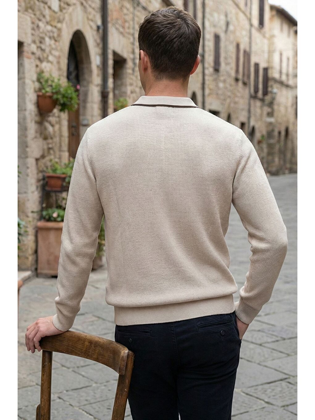 Bej Erkek Polo Yaka Kendinden Çizgi Desenli Triko Kazak-1