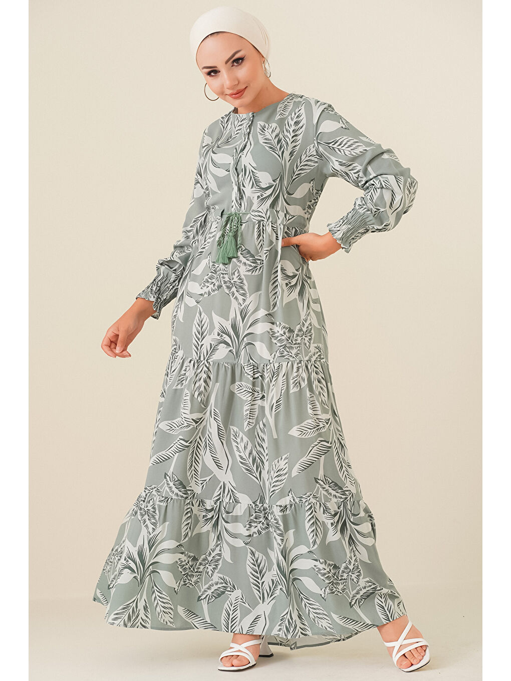 Yeşil 2145 Desenli Tesettür Elbise - Çağla