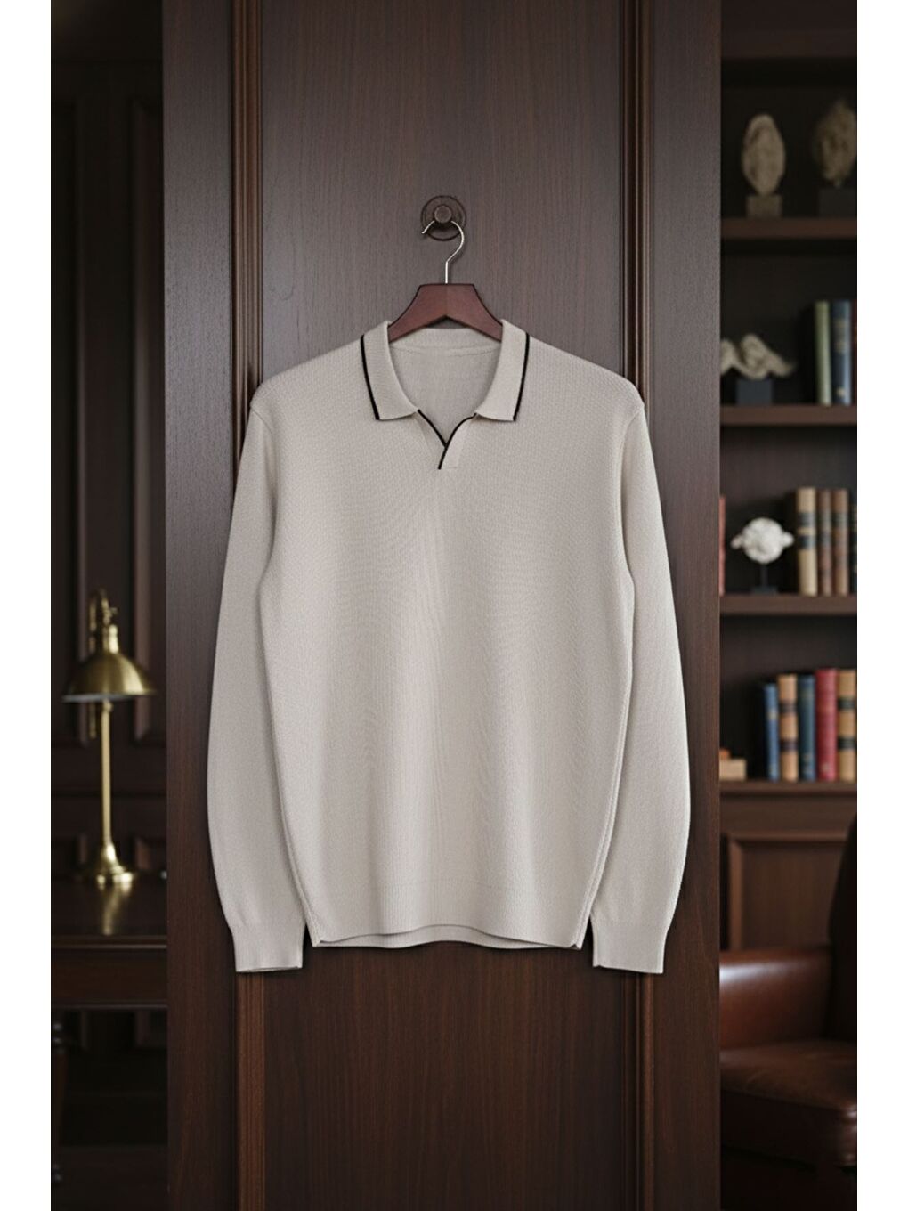 Bej Erkek Polo Yaka Kendinden Çizgi Desenli Triko Kazak-2